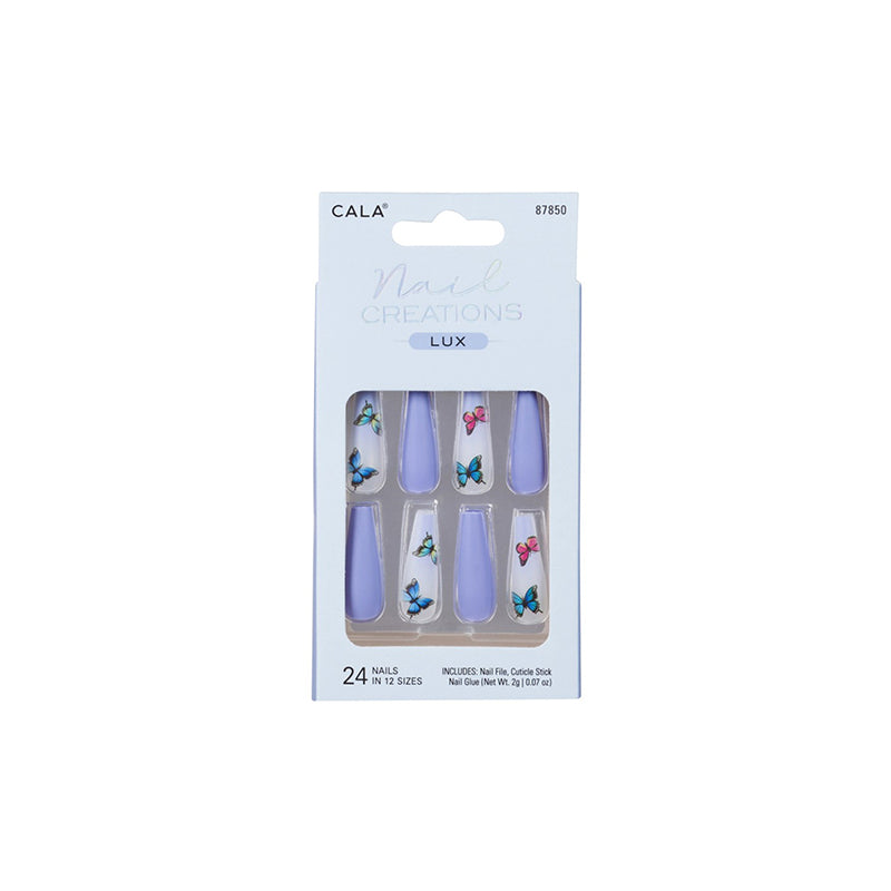 Nail Crtns-lux-long Coffin Blue Butterfly-24pc Nai